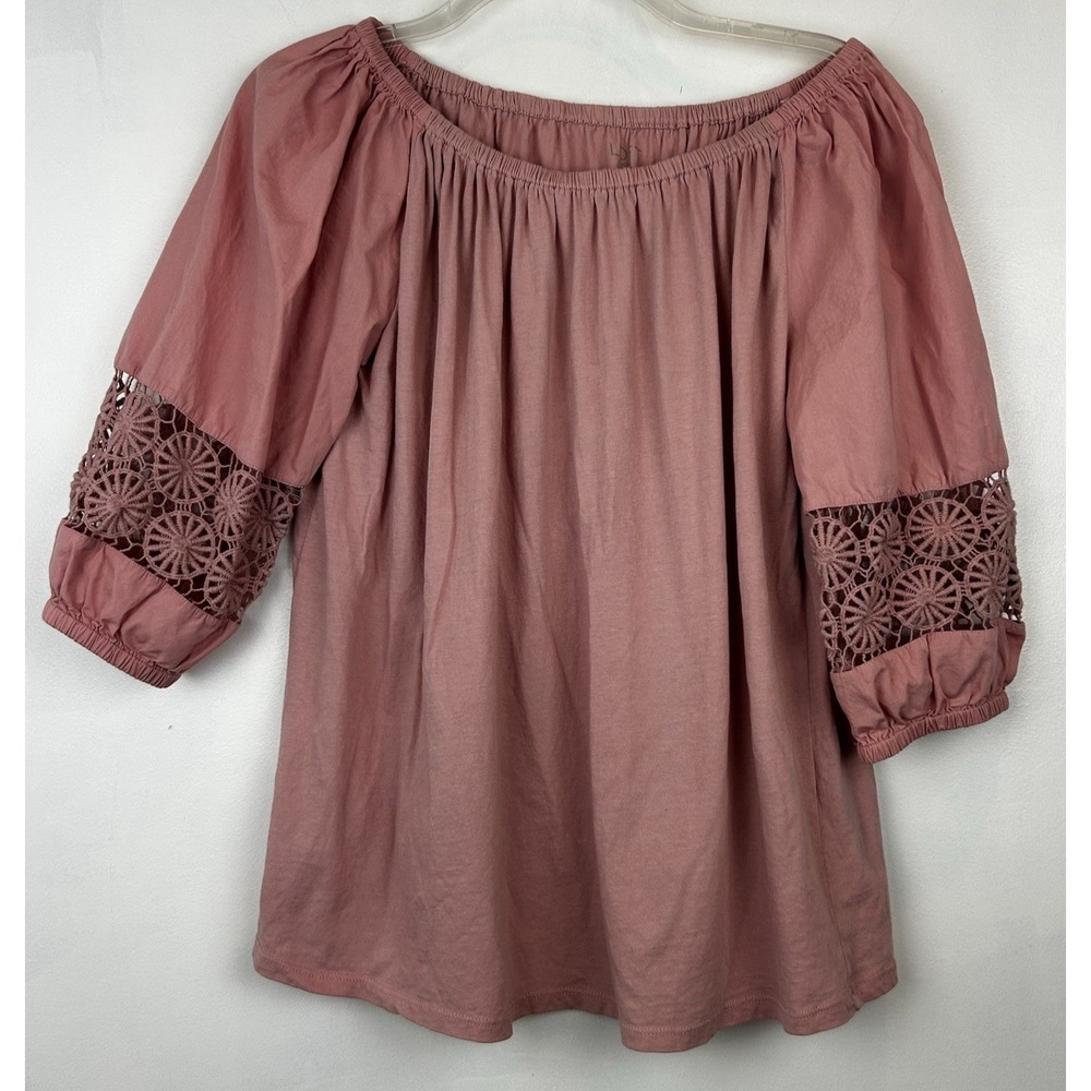 Loft Top Womens S Pink Eyelet Puff Sleeve Shirt Prairie Feminine Milkmaid Lacey